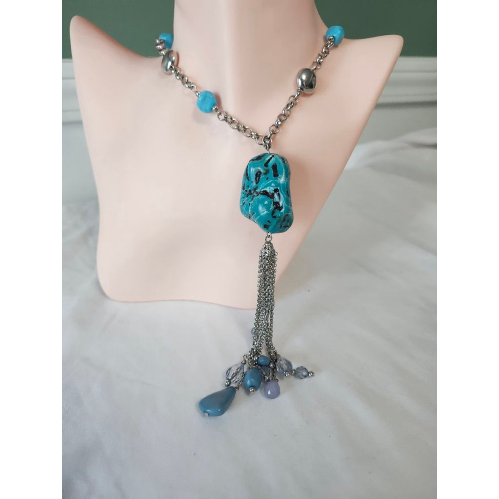 Turquoise Silver Beaded Chain Necklace One Size
